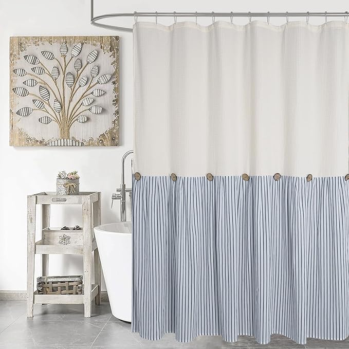 DOSLY Ides Farmhouse Shower Curtain, Beige and Blue Striped, Button Curtain, Spa Waffle and Cotton Woven Fabric, Rustic Charm Country Chic Style, 72x72 in, Bathroom