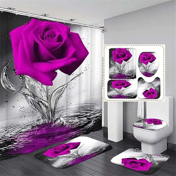 Pink Rose Bathroom Sets with Shower Curtain and Rugs Water Pink Rose Shower Curtain Set with Non-Slip Rugs,Bath Mat,Toilet Lid Cover and 12 Strong Hooks,Modern Style Shower Curtain for Bathroom