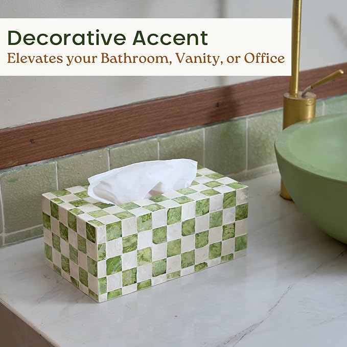 CHI AN HOME Rectangle Checkered Tissue Box Cover Handmade with Capiz Shells, Decorative Tissue Box Holder for Living Room, Bathroom or Kitchen Counter (Pistachio Green)