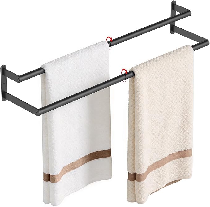 Double Towel Bar, 24Inch Towel Rack for Bathroom Wall Mounted, Stainless Steel Double Bath Towel Bar, Wall Towel Holder for Bathroom, Double Towel Rod Towel Hanger for Wall (Black)
