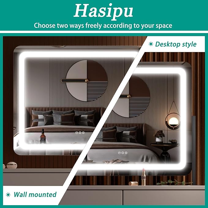 Hasipu Vanity Mirror with Lights, 24.2" x 20" LED Make up Mirror, Light up Mirror with 10X Magnification and USB Charging Port, Phone Holder, Smart Touch 3 Colors Dimmable, 360° Rotation (Black)