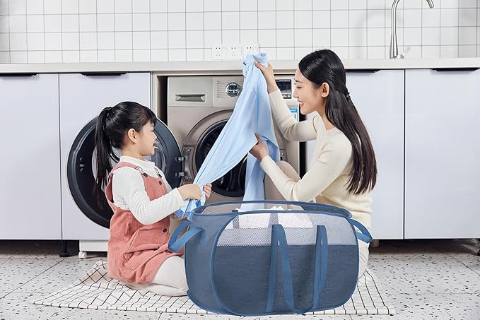 pop-up laundry basket???with Durable Handles collapsible Mesh laundry Hamper,Easy to Open and Fold,Premium Cationic Fabric?€? (Cationic blue)