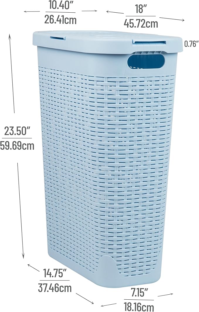 Mind Reader Slim Laundry Hamper with Lid, 40L Clothes Basket, Narrow Tapered Design with Ventilated Cutout Pattern, Plastic, Baby Blue
