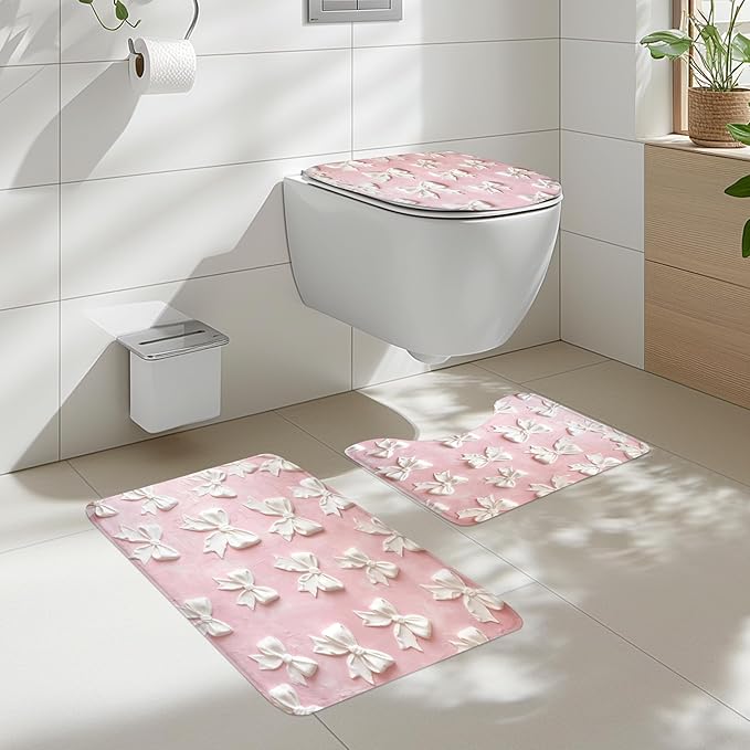 Cinbloo 4Pcs Pink White Bow Shower Curtain Set, Vintage Bowknot Oil Painting Bathroom Curtain with Rug, Toilet Lid Cover, Bath Mat, Girly Fashion Pretty Sweet Modern Shower Curtain with 12 Hooks
