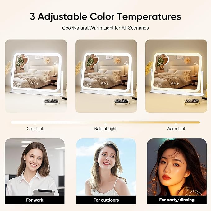 Vanity Mirror with LED Lights, 16.4x12.2 Inch Makeup Mirror, 3-Color Dimmable Touch Screen, 5X Magnification, 360° Rotation, Large Tabletop Mirror for Bedroom Vanity