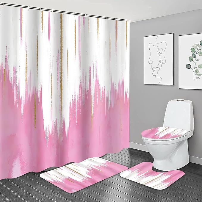 NBVKO 4PCS Pink Oil Painting Style Shower Curtain Set with Non-Slip Rugs,Toilet Lid Cover and Bath Mat,Bathroom Decor Accessory Set