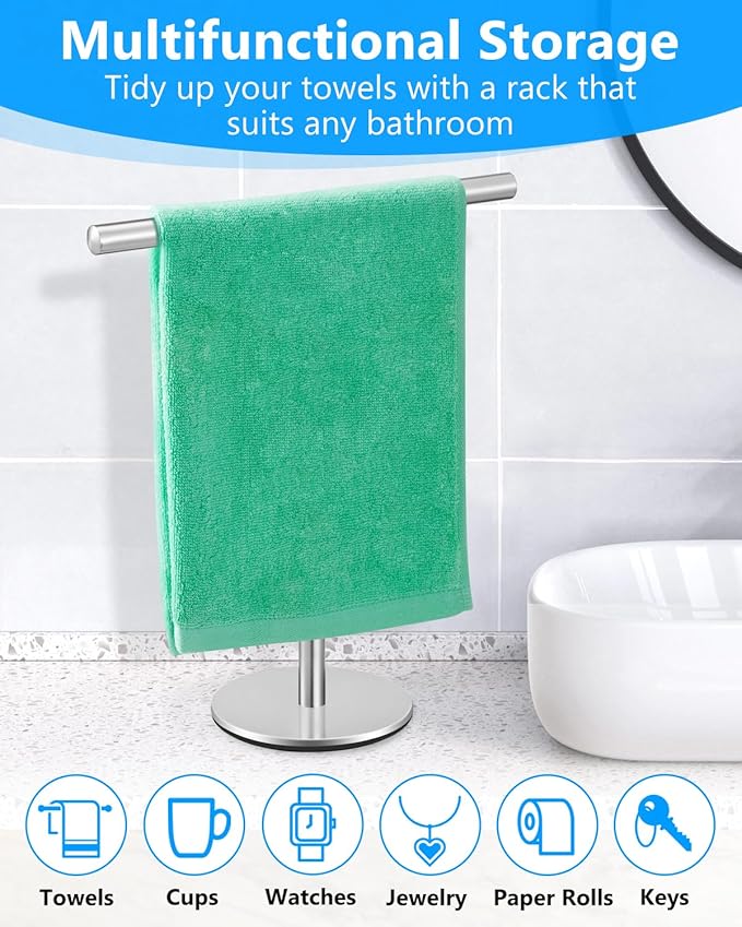 Standing Hand Towel Holder, T-Shape Towel Rack Stand, Stainless Steel Towel Bar for Bathroom Kitchen Vanity Countertop, Nickel