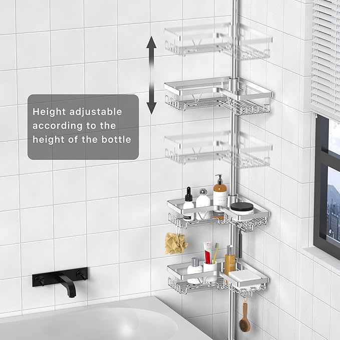 KEGII Shower Caddy Corner Tension Pole - Adjustable Corner Shower Organizer with Tooth Brush Holder, No Drilling Rustproof Bathroom Shelf Storage Rack, Fits 25-114.2 Inch, Silver