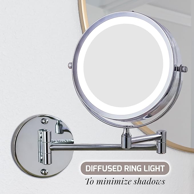 OVENTE Wall Mounted Lighted Makeup Mirror, 7" Double Sided 1X/10X Magnifying Vanity Mirror for Bathroom with LED Lights, Cordless, 360° Rotation and 13" Extendable Arm, Polished Chrome MFW70CH1X10X