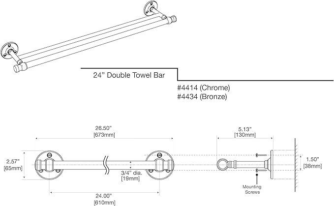 Gatco 4414 Cafe Double Towel Bar, Chrome/Wall Mounted 26 Inch Double Towel Holder Rack for Bathroom