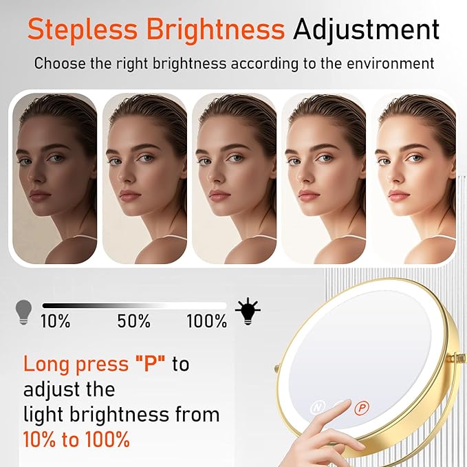 Vanity Mirror with Lights, 9'' Lighted Makeup Mirror, 1X/30X Double Sided Magnifying Mirror, 5000mAh Rechargeable, 3 Color Dimmable LED, 360° Rotation Desk Mirror for Makeup & Skincare, Gold
