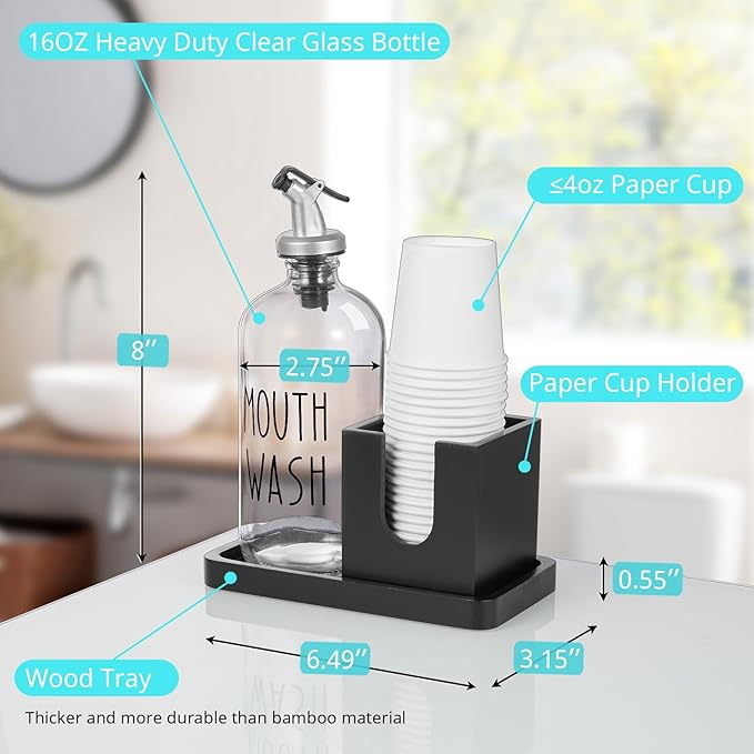 Glass Mouthwash Dispenser for Bathroom, 16 OZ Mouthwash Dispenser with Pour Spout and Wood Cup Holder and Tray, Mouth Wash Bottle Container, Black Kitchen Bathroom Decor and Accessories
