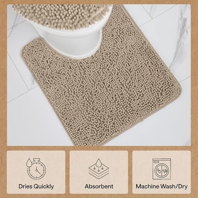GORILLA GRIP Plush Absorbent Shaggy Chenille Bath Rug Mat for Oval Toilet Base with Rubber Backing, Machine Washable Rugs, Soft Microfiber Contour Mats for Toilets, Bathroom Decor, Gray Beige