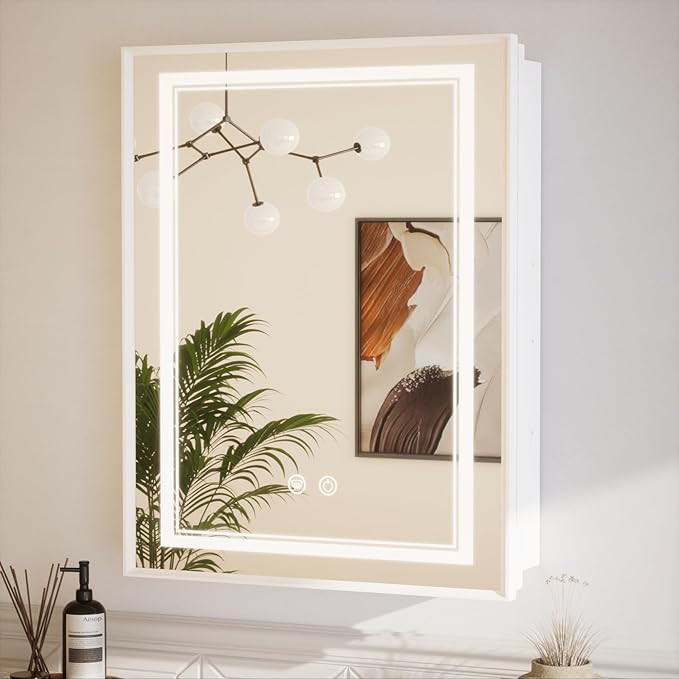 TETOTE 24 x 30 White Led Lighted Medicine Cabinet Mirror with 3-Color Lights, Wall Mount or Recessed Cabinet Mirror for Bathroom with Storage, Tempered Glass, 2 Outlets, Anti-Fog, Adjustable Shelf