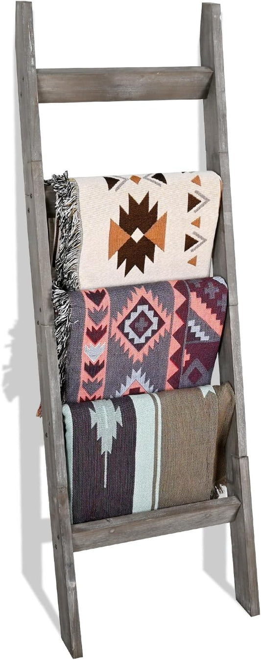 FUIN 5ft (58") Wood Blanket Ladder Living Room Decorative Wall Leaning Farmhouse Quilt Display Holder Storage Rustic Wooden Towel Rack for Bathroom, Grey