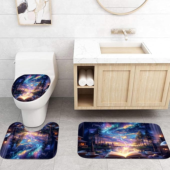 4Pcs Book Forest Starry Shower Curtain Sets with Non-Slip Rugs,Toilet Lid Cover and Bath Mat,Aurora Pattern Home Bathroom Decor Set Accessories Waterproof Shower Curtains with 12 Hooks,72 x 72 Inch