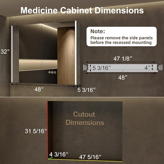 Medicine Cabinet with LED Lights and Mirror, 48 x 32 Inch Surface or Recessed Mounted Bathroom Cabinets with Door, Defogger, Memory Function, 3-Color Mode, Outlet&USB, Dimmer, Storage Shelf