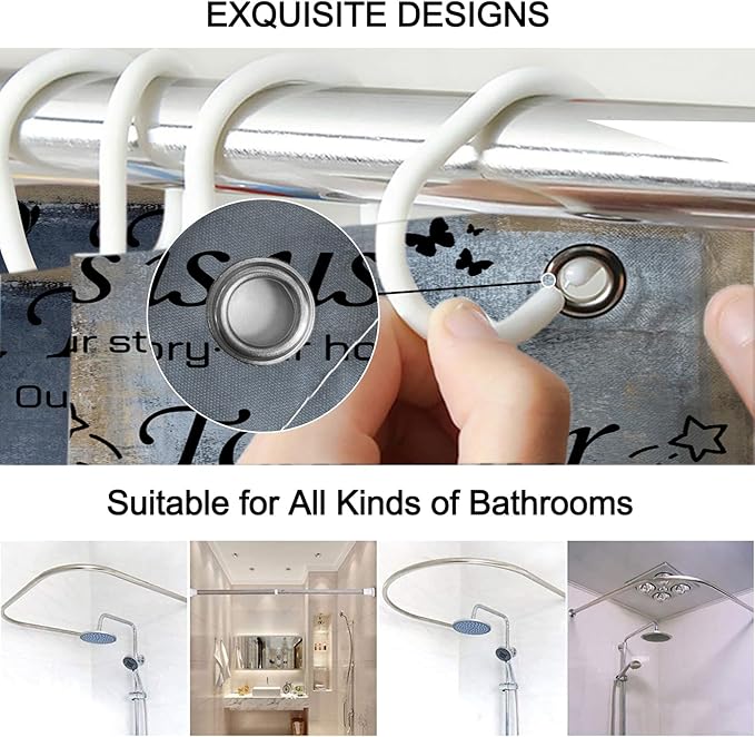 Lnond 4Pcs Bathroom Shower Curtain Sets with Rugs, Navy Blue and Brown Motivational Home Family Bathroom Sets with Shower Curtain and Rugs and Accessories