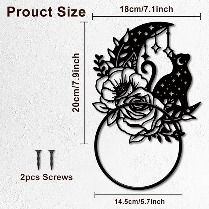 MAYJOYDIY Moon Cat Metal Towel Ring Rose Flower Towel Holder Moon Star Polka Pattern Towel Ring Black Art Towel Rack Wall Mounted for Bathroom Kitchen Towel Hanger Home Decors Gift