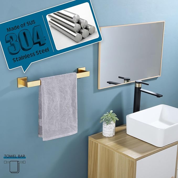 KOKOSIRI Bath Towel Bar Kitchen Dish Cloths Hanger 16 Inch Hand Towel Holder Stainless Steel Wall Mounted, Brushed Gold, B4003BG-L16