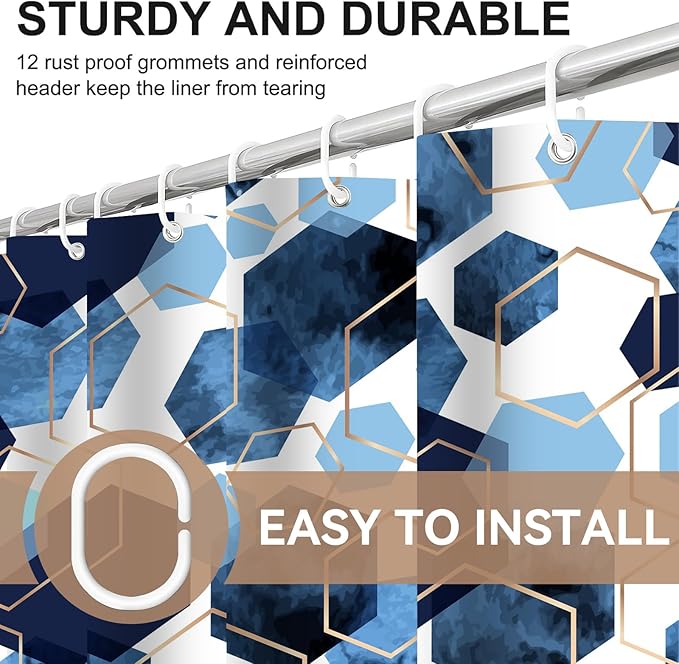 Muuyi 4Pcs Navy Blue Geometric Shower Curtain Set, Neutral Modern Art Deco Shower Curtain with Hooks, Elegant Trendy Simple Bathroom Sets with Shower Curtain and Rugs, 71 * 71in