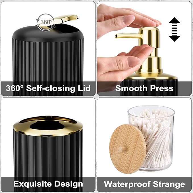 Black Bathroom Accessories Set - 26PCS Black Bathroom Set with Shower Curtain, Rugs, Shower Curtain, Trash Can, Toilet Brush, Soap Dispenser and Toothbrush Set