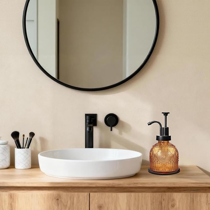 Amolliar 8 Oz Vintage Glass Bathroom Soap Dispensers with Pump, 2 Pack Refillable Kitchen Dish Soap Dispenser with Stripe, Antique Rustic Hand Soap Liquid Bottle (Brown-Black Pump)