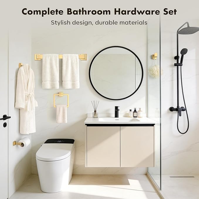Bathroom Accessory Towel Bar Set: 10 Pieces Gold Square Bathroom Hardware SUS304 Stainless Steel - 24 Inch Wall Mounted Towel Rack&Toilet Paper Holder&Towel Ring and Towel Hook