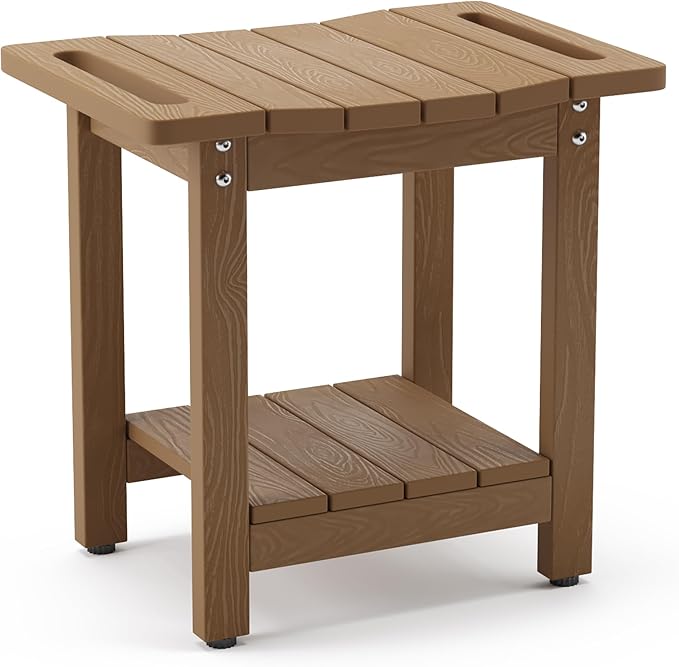 LUE BONA HDPS Shower Bench Seat with Shelf, Brown Shower Stool for Inside Shower Waterproof, Bath Shower Stool Chair for Spa Bathroom, Weather Resistant/Non-Slip/Handles/Indoor or Outdoor Us