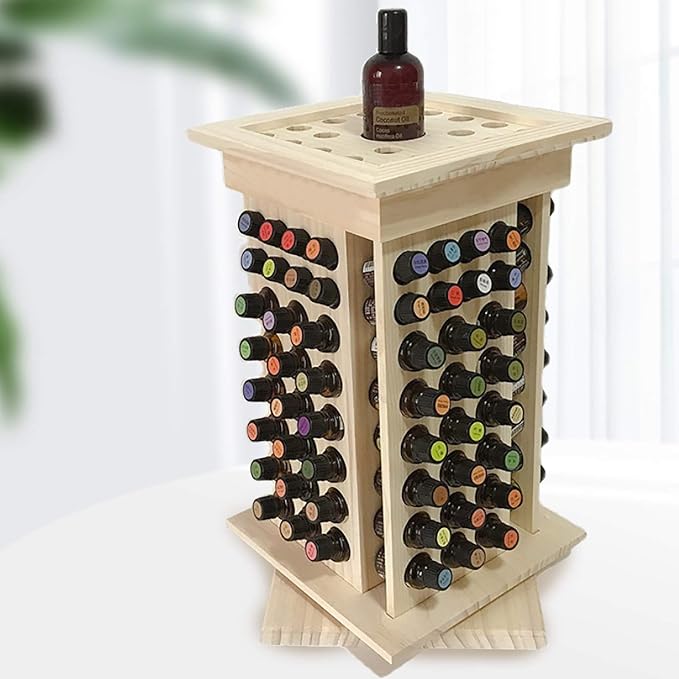 DYRABREST Rotatable Essential Oil Rack Organizer,Natural Wooden Essential Oil Storage Display with104 Holes,Essential Oil Holder Wood for Cosmetics,Essential Oil