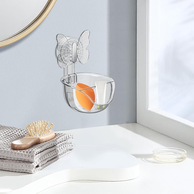Self Adhesive Shower Shelves, Makeup Sponge Holder, Clear Shower Shelves Bottom Equipped with Drainage Holes and Powerful Butterfly Pressure Suction Cups, Adhesive Bathroom Shelves (Translucent gray)