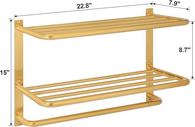 Towel Rack for Bathroom, DEWVIE 23 Inch Tower Holder with Tower Bars, SUS 304 Stainless Steel Lavatory Bath Towel Shelf Towel Hanger Wall Mount, 3-Tier (Brushed Gold)