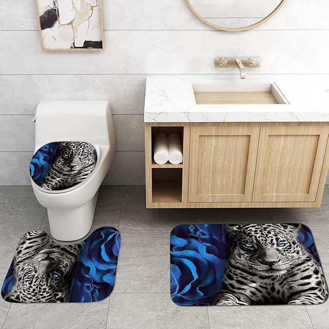 jieprom 4 Piece Blue Rose and Leopard Print Shower Curtain Set with Rugs - Luxury Floral & Cheetah Bathroom Decor - Waterproof Fabric Curtain, Non-Slip Bath Mat, U-Shaped Rug & Toilet Lid Cover
