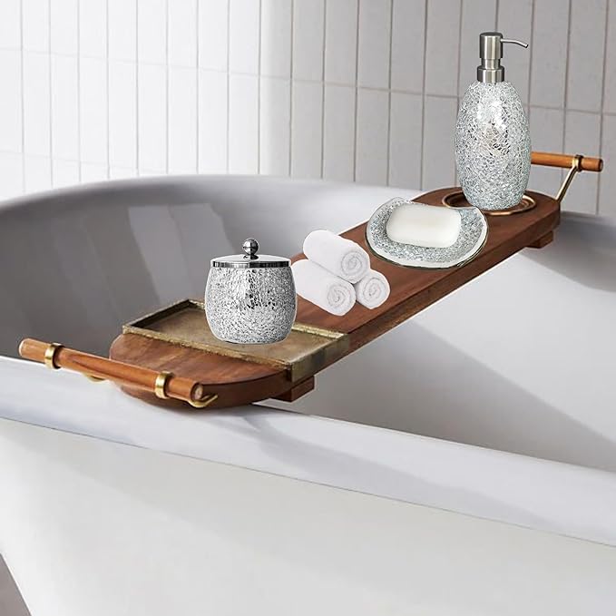 Escenzy Modern Silver Bathroom Accessories Sets 4 Pcs | Luxurious Soap Dispenser, Toothbrush Holder, Cotton Glass Jar, Soap Tray | Silver Bathroom Decor | Mosaic Glass Bathroom Accessories