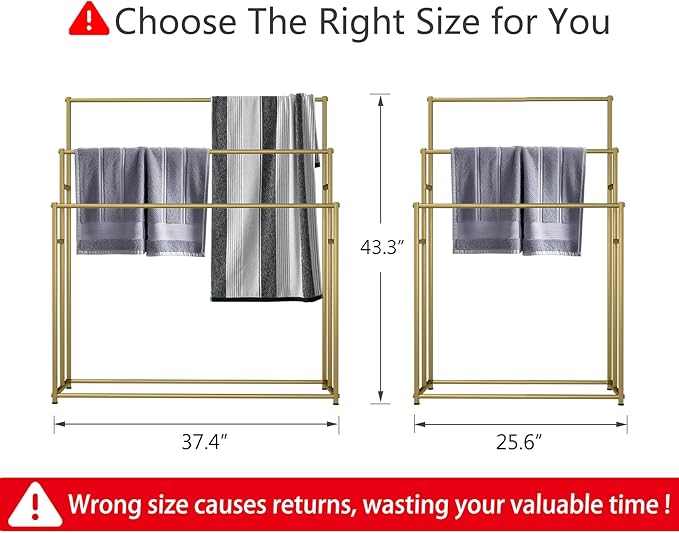 3 Tier Standing Towel Rack - Extra Wide Large Bathroom Towel Stand, Heavy-Duty Metal Towel Drying Rack for Poolside (Matte Gold, 37.4” Wide)