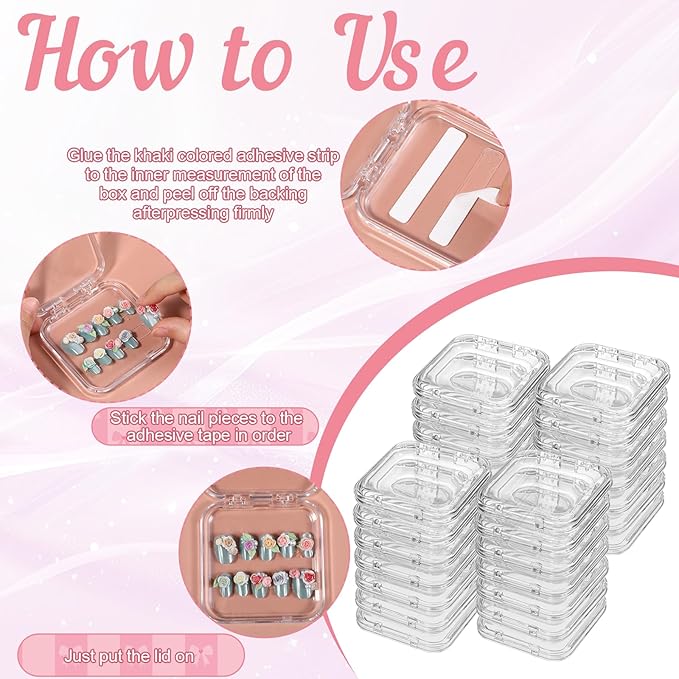 SHENLIU 50 Sets Press On Nail Storage Box, Clear Artificial Nail Display Case Acrylic Nail Boxes Press On Nail Packaging Box with Adhesive Double Sided Tape Nail Boxes for Nail Salon