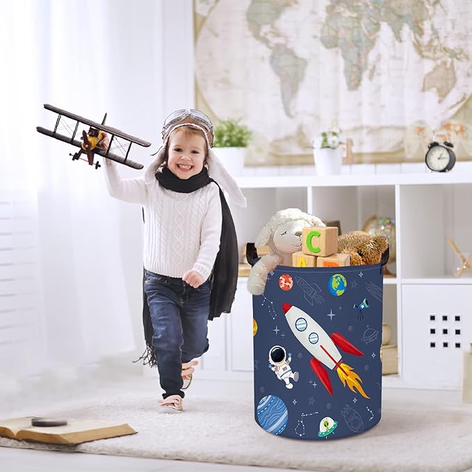 Clastyle 45L Rocket Astronaut Laundry Hamper for Bedroom Waterproof Collapsible Blue Universe Toys Storage Basket with Drawstring, 14.2 * 17.7 in