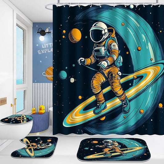 Poedist 4 Pcs Bathroom Shower Curtain Set,Kid's Bathroom Set, Space Shower Curtain Sets with Rugs(Bath Mat,U Shape and Toilet Lid Cover Mat) and 12 Hooks