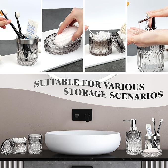Bathroom Accessories Set, 5Pcs Bathroom Soap Dispenser Set, Glass Bathroom Accessories with Glass Soap Dispenser, Soap Dish, Toothbrush Holder, Tumbler, Cotton Swab Jar (Gradient Black & Clear)