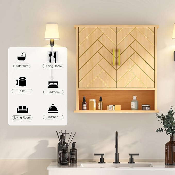 Natural Chevron Pattern Bathroom Wall Mount Cabinet, Gold Accent Hanging Medicine Cabinet with Open Shelf, Over The Toilet Storage Organizer for Home (23 5/8" x 22 7/8" x 7 1/8")