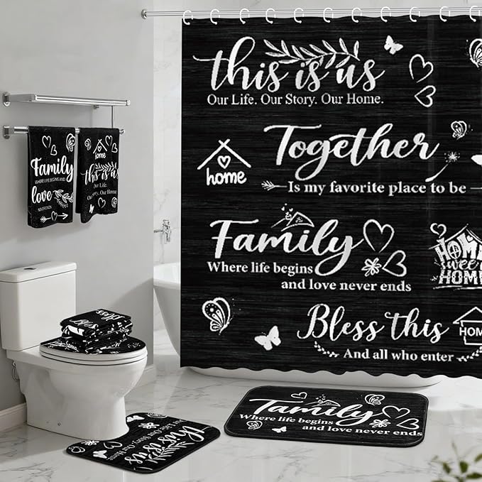 Tatuo 8 Pcs Family Shower Curtain Set Black Home Theme Bathroom Accessories Sets Farmhouse Rustic Waterproof Shower Curtain with Towels Carpet Bath Mat Toilet Rugs and 12 Hooks Housewarming Gift