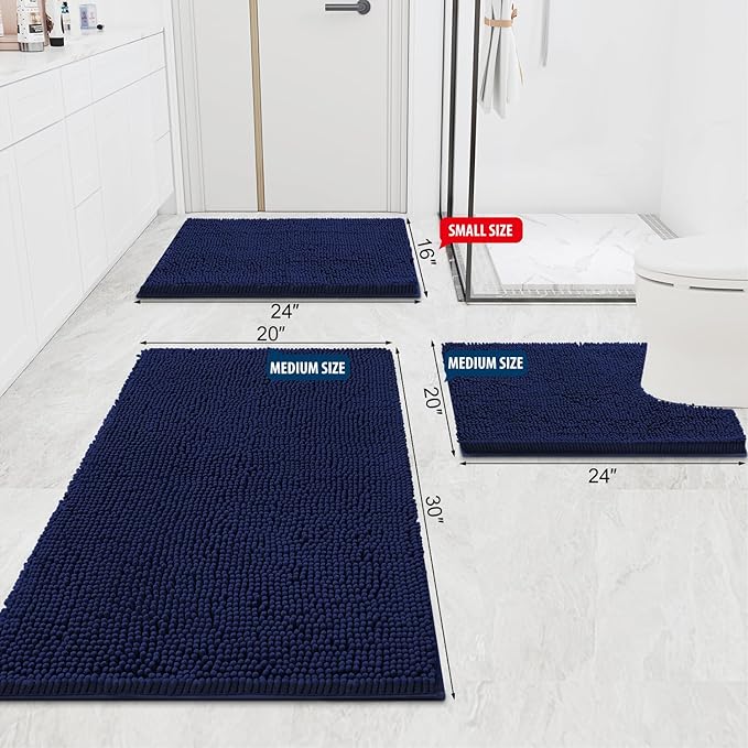 Smiry Luxury Chenille Bathroom Rugs 40x32, Extra Soft and Absorbent Shaggy Bath Mat, Machine Washable, Non-Slip Plush Carpet Runner for Tub, Shower, and Floor, Home Decor Accessories, Navy Blue