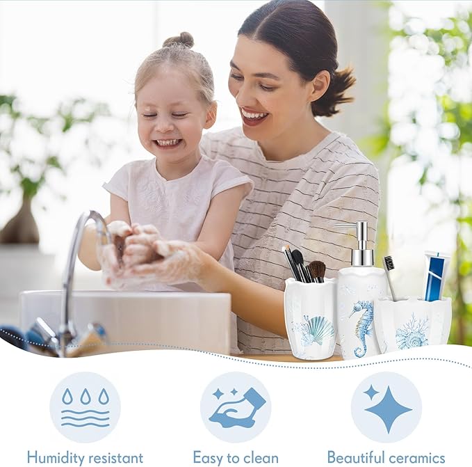 Vesici 4 Pcs Beach Bathroom Accessories, Ocean Animals Bathroom Decor, Under The Sea Tumbler, Soap Dispenser, Toothbrush Holder, Starfish Soap Dish for Ocean Beach Theme Decoration