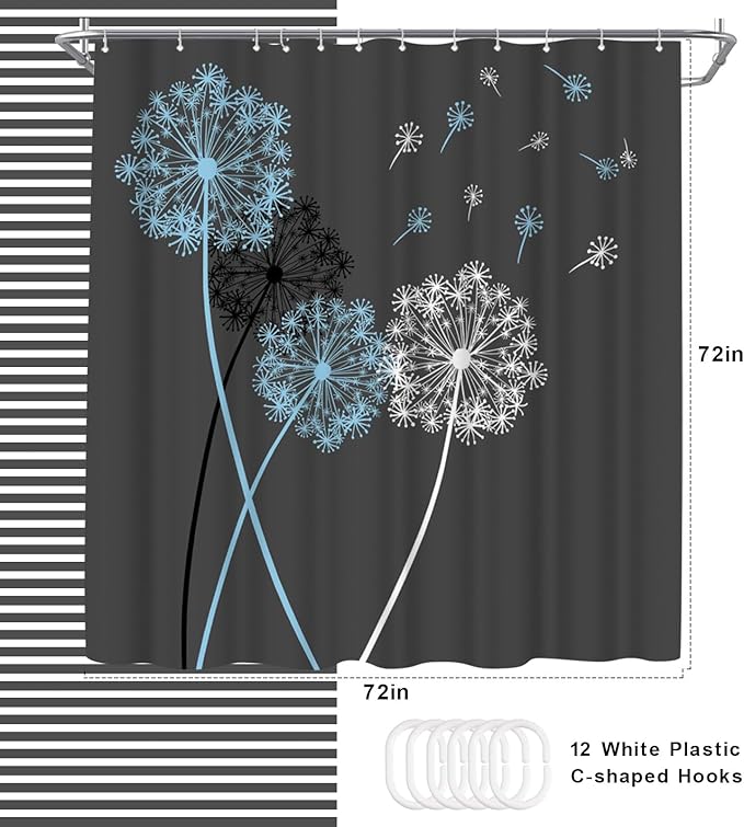 WELMECO Dandelion Shower Curtain Blue and Grey Grey Shower Curtain Bathroom Decor Polyester Fabric, 72x72inch