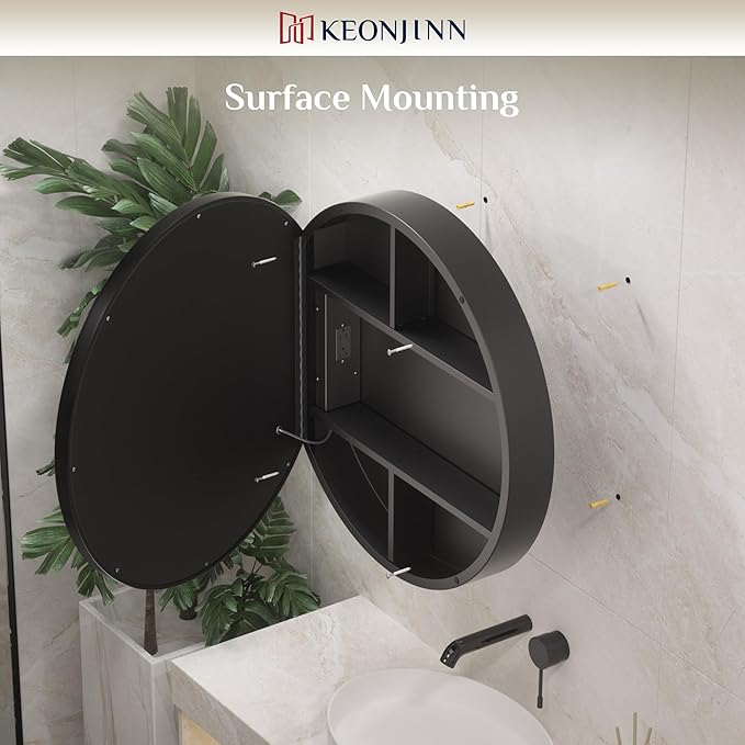 Keonjinn 28 Inch Round Lighted Medicine Cabinet, Black LED Medicine Cabinet Mirror, Circle, Electrical Outlet, 3 Color Lights, Anti-Fog, Dimmable, Surface Mount Only