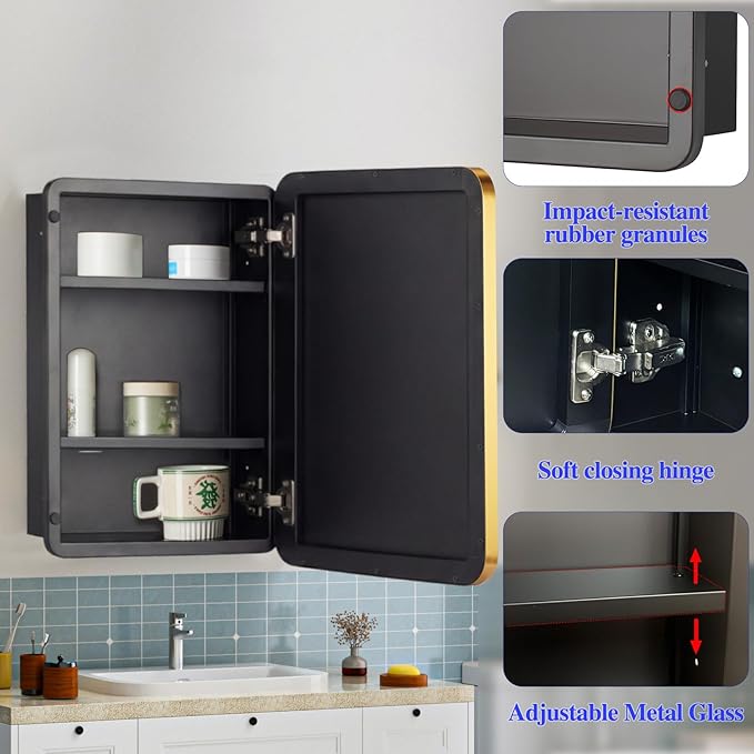 16" x 26" Bathroom Medicine Cabinet with Mirror Door, Brush Gold Stainless Steel Frame, Recessed or Surface Mounted,Storage Cabinet with Adjustable Metal Shelves,Upgraded Version
