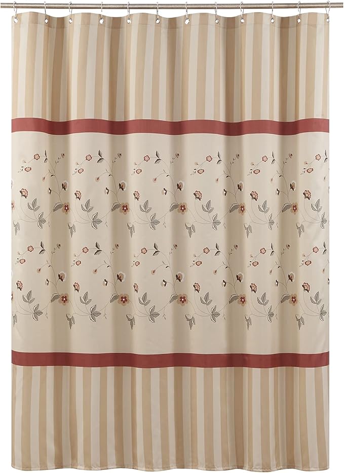 Fabric Floral Shower Curtain, Beige Striped Flower Shower Curtains for Bathroom, Waterproof Bathroom Curtains, 72" W x 72" H