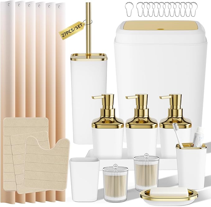 Bathroom Set - 27PC Bathroom Sets with Shower Curtain and Rugs, White Bathroom Set, White Bathroom Accessories Set with Push-lid Trash Can, Toilet Brush & Soap Dispensers