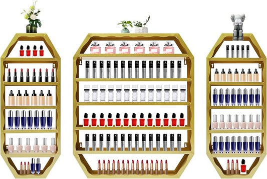 3pcs Wall-Mounted Nail Polish Storage Racks, Multi-Tiers Metal Display Racks With Middle Rack & 2 Side Racks,Metal Essential Oil Organizer Storage Racks For Homes, Nail Salons, Spas,Stores (Gold)