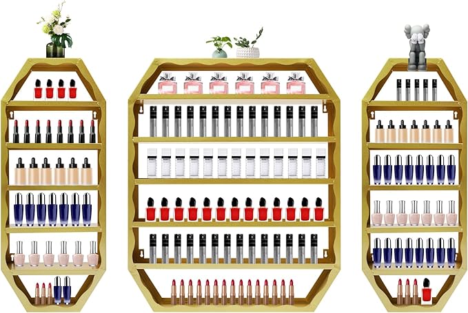 Nail Polish Organizer Wall Mounted, 3Pcs 6-Tier Nail Polish Storage Rack, Metal Nail Polish Storage Holder, Multifunctional Organizer for Essential Oil Perfume at Home Salon Spa(Gold)